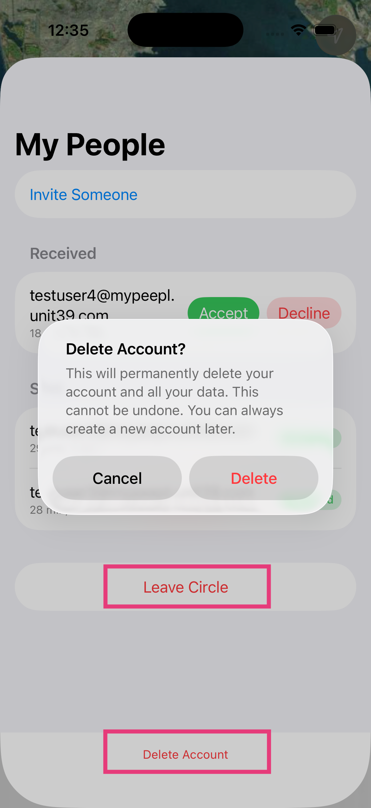 Leave Circle and Delete Account screen